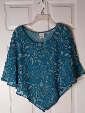 Blair Poncho Cape Blouse Teal Sheer Lightweight Boho Botanical Size XL